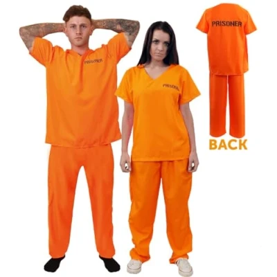 Afbeelding van UNISEX ORANJE VEROORDEELDE GEVANGENE KOSTUUM VOOR VOLWASSENEN. VEROORDEELDE, GEVANGENE, DIENDERS EN ROVERS KOSTUUM. BOVENKLEDING BROEK. MAAT: GROOT