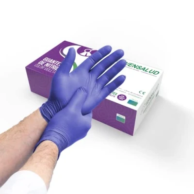 Afbeelding van VENSALUD NITRILE Wegwerphandschoenen Powder Free Resistent Voor laboratoria, sanitair, keuken, tattoo studio&#039;s, veterinaire, schoonmaak Latex Verpakking 100 st. Violet Maat L