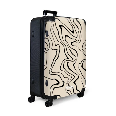 Afbeelding van NoBoringSuitcases.com® Koffer groot Reiskoffer lichtgewicht Beige achtergrond met abstracte zwarte lijnen Rolkoffer 4 wielen Grote trolley XL 98 liter bagage