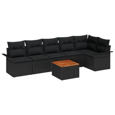 Afbeelding van vidaXL 7 Delige Tuin Sofa Set met Kussens Zwart Poly Riet Acacia