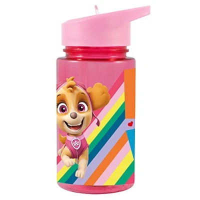 Afbeelding van p:os 29232049 PAW Patrol drinkfles voor meisjes, transparante fles met geïntegreerd rietje om omhoog te klappen, ca. 450 ml, van kunststof, BPA vrij en ftalaatvrij