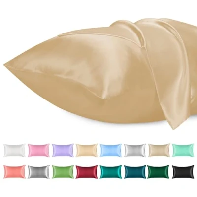 Afbeelding van Lirex 2 Pack Satijnen Kussenslopen, Standaard Formaat Zacht Effen Kleur Microfiber Kussensloop, Envelop Sluiting Kreukvrij Vervagingsbestendig Ademend, Champagne