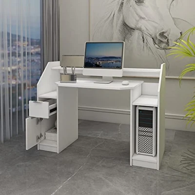Afbeelding van ML Design computer bureau met lade, deur, opbergruimte en open planken, 123.2x90cm, in wit, gemaakt van hout, kantoor tafel werk PC laptop kantoormeubilair, voor thuiskantoor