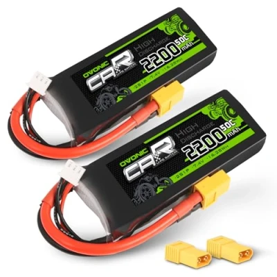 Afbeelding van OVONIC 2S Lipo accu, 7,4 V, 2200 mAh, 50 C, met XT60 aansluiting, compatibel RC 1/16 of 1/14 vliegtuig, auto, boot, quadcopter, 2 stuks (bovendien een TRX aansluiting