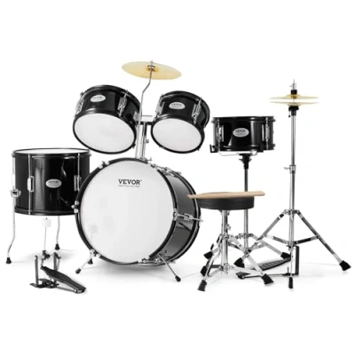 Afbeelding van VEVOR Drumset voor kinderen, 406 mm, complete accu beginners, 5 stuks, met lage toms, lichte kist, stoel, Charleston bekkens, 2 paar drumsticks, muziekinstrumenten, zwart