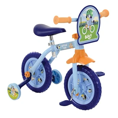 Afbeelding van Bluey 2 in 1 trainingsfiets 25,5 cm, officieel gelicenseerd, levendige stickers, stevig frame, verstelbare zitting en stuur perfect voor fans vanaf jaar, blauw
