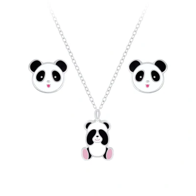 Afbeelding van Zilveren panda kinderoorbellen en ketting oorknopjes meisje zilver kinderketting kindersetje oorstekers kindersieraden sets Zilverana Sterling 925 Silver