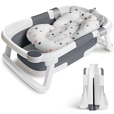 Afbeelding van Babybadje, opvouwbare badkuip, peuterbadkuipen met steunkussen, zitkussen, antislip, draagbare reisdouche, badkuipen voor pasgeborenen, peuters, baby&#039;s (grijs)
