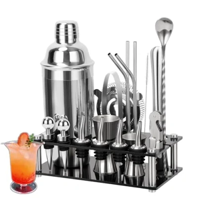 Afbeelding van Cinnani Boston Cocktailset, 20 delig, professionele cocktailshaker set, cocktailshaker, set met standaard en baraccessoires, bartender, shaker roestvrij
