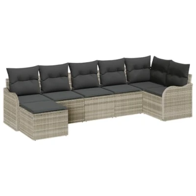 Afbeelding van vidaXL 7 delige Tuin Sofaset met Kussens Lichtgrijs Poly Rattan, 2 zitter Sofa Rattan