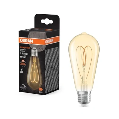 Afbeelding van OSRAM Vintage 1906 Edison is a warm white, dimmable LED lamp in piston shape with filament. It offers 8 W for 806 lm, E27 socket, gold coloured glass, 64 mm diameter, 2,200 K, EEK F.