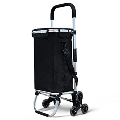 Afbeelding van VOUNOT Boodschappentrolley met 6 wielen van aluminium waterdicht vak, geïsoleerde boodschappenmand, opvouwbaar, 3 in 1, tas, noppen, trap, zwart