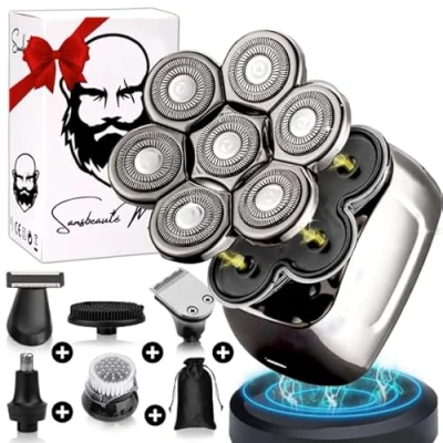 Afbeelding van 6 in 1 Scheerapparaat Mannen Trimmer Tondeuse Sansbeauté® SkullSharp PRO MAGNETIC Electric Face &amp; Head Shaver Shave Hoofd Kaal Scheren Nat Droog Draadloos Opladen Elektrisch