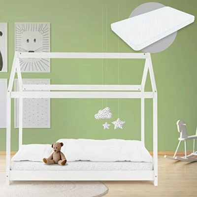 Afbeelding van Kinderbed huisbed 80x160 cm wit gemaakt van grenenhout incl. matras H 10cm houten bed met dak en lattenbodem ML design