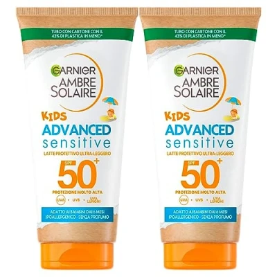 Afbeelding van Garnier Ambre Solaire Kids Advanced Sensitive SPF 50+ weerstand x3, zeer hoge kinderbescherming, 2 flessen van 50 ml