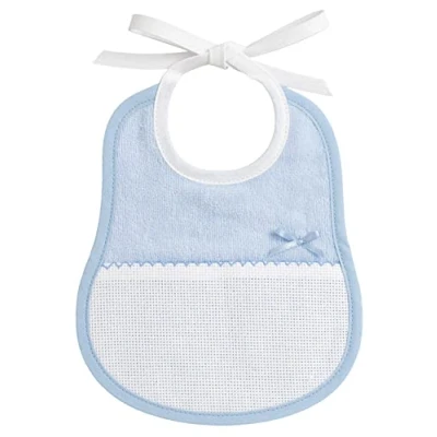 Afbeelding van FILET Slabbetje van zachte chenille badstof, lichtblauw, met zak Aida stof, ideaal voor kruissteek en satijnen strik, praktisch accessoire pasgeborenen gemakkelijk te borduuren, gemaakt