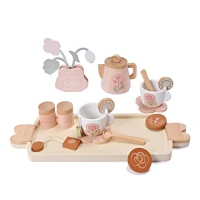 Afbeelding van Donmills Houten Kids Theeset Speelgoed, Pretend Play Voedsel Keuken Accessoires, Afternoon Thee Set voor Peuter, Kinderen Party met Dessert Tray Theepot Geschenken