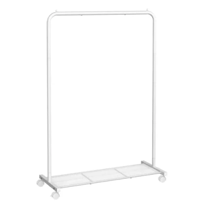 Afbeelding van SONGMICS Kledingrek, kledingstang op wieltjes, kapstok metaal, rolgarderobe 91 cm breed, met plank, 2 wielen rem, stang tot 40 kg belastbaar, wit HSR025W01