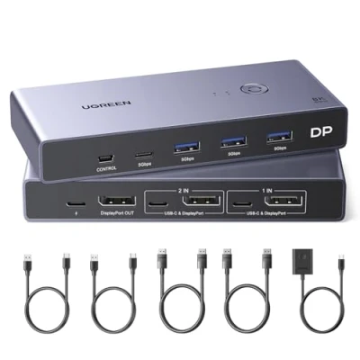 Afbeelding van UGREEN 8K@60Hz Displayport KVM Switch, DP 1.4 Switch 2 pc 1 monitor, 4K@240Hz, 4 Port USB C,4 van toetsenbord, muis, harde schijf, printer.