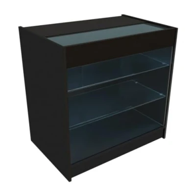 Afbeelding van Zwart Winkel Toonbank LED Verlichting K900 Afsluitbaar Schuifdeuren 2 Sleutels Detailhandel Opbergkast Glas Vitrine Display Kast Receptie Bureau 3 Planken Koele Witte Lampen