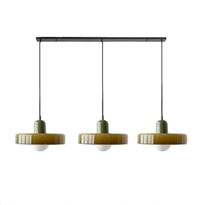 Afbeelding van 3 lichts moderne hanglamp uit het midden van de eeuw, groen glazen kap, lange kroonluchter, Scandinavische boerderij, vintage plafondhanglamp voor eetkamer boven tafel, keukeneiland, met witte lamp