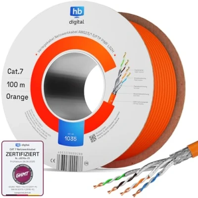 Afbeelding van Hb digital 100 m CAT.7 Netwerkkabel, LAN kabel, installatiekabel, AWG, 23 puur koper S/FTP PiMF LSZH, halogeenvrij, RoHS compliant, Ethernet datakabel, PoE, 10Gbit/s, GHMT gecertificeerd, oranje