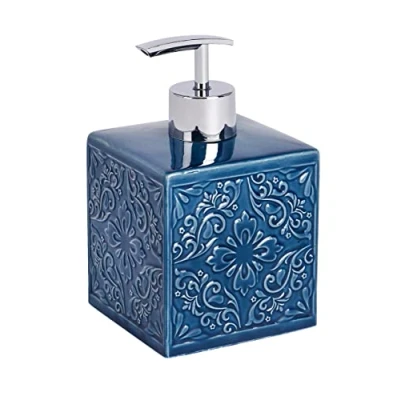 Afbeelding van WENKO Zeepdispenser Cordoba, navulbare doseerder voor vloeibare zeep, lotion of afwasmiddel, van hoogwaardig keramiek met Spaanse ornamenten, 13 x 8,5 cm, inhoud 500 ml, blauw
