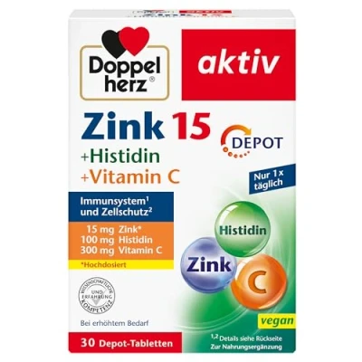Afbeelding van Doppelherz zink 15 + histidine vitamine C mg als bijdrage aan de normale werking van het immuunsysteem en voor behoud huid 30 veganistische depottabletten