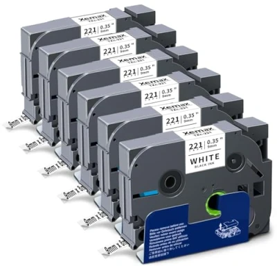 Afbeelding van 6x XemaX Label Tapes Compatibel voor Brother P touch Etikettenband 9mm x 8m TZe 221 Etiketteren Zwart op Wit Ptouch Etiketteerder PT E110 H100R H110 H101C H108 E100 H100LB H105