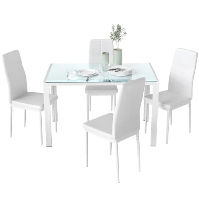 Afbeelding van HOMCOM Eettafel en stoelen voor 4 personen, keukentafel met stoelen, rechthoekig tafelblad van glas, metalen frame, keuken, woonkamer, huis, wit