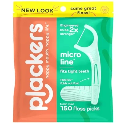 Afbeelding van Plackers Micro Mint Tandheelkundige Flossers, Verse Muntsmaak, Uitklapbare Tandenstoker, Super Tuffloss, Eenvoudige Opslag met Sure Zip Seal, 150 Count