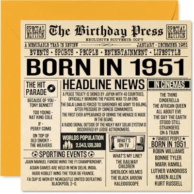 Afbeelding van 73e verjaardagskaarten voor mannen en vrouwen geboren in 1951 krant Happy 73 verjaardagskaart opa oma Nan Vintage Retro terug 1951, 145 mm x drieënzeventig derde