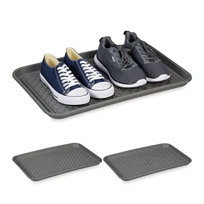 Afbeelding van Relaxdays schoenen lekbak, set van 3, groot, afdruipbak voor natte laarsjes, 60 x 40 cm, uitlekbak kunststof, grijs