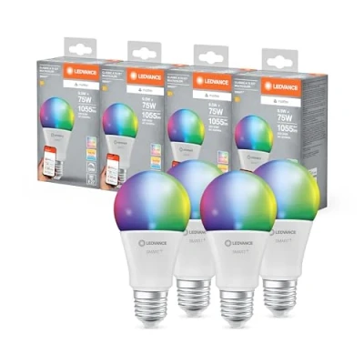 Afbeelding van LEDVANCE SMART+ MATTER LED lamp, compatibel met Google, Alexa, Apple, witte matte look, 9,5W, 1055lm, E27 fitting, gekleurd licht, wit app of stembediening, levensduur tot 20.000 uur, 4 pack