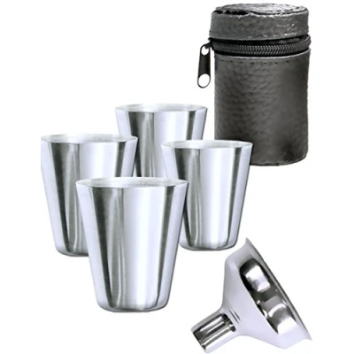 Afbeelding van Outdoor Saxx® 6 delige roestvrijstalen bekerset, 4 borrelbekers, 30 ml, met vultrechter in leren tas