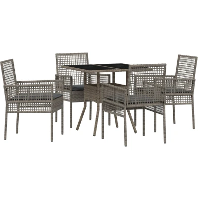 Afbeelding van vidaXL 5 Persoons Tuin Eetset Grijs Poly Rieten Acacia, Stapelbare Tuinstoelen met Kussens 2 stuks