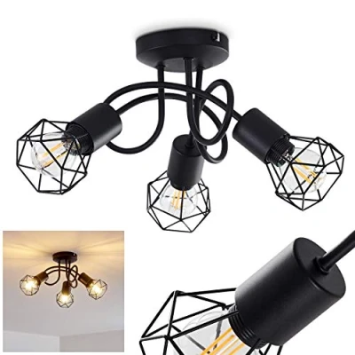 Afbeelding van plafondlamp Baripada, metalen in zwart, 3 lampen, x E14 fitting, spot retro/vintage design raster look en lichteffect aan het plafond, zonder gloeilampen