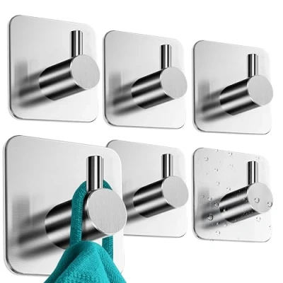 Afbeelding van Menz Handdoekhouder zonder boren, set van 6 stuks, handdoekhaken, roestvrij staal, klassiek functionele haken, zelfklevend, sterke kleefhaken als stijlvolle wandhaken