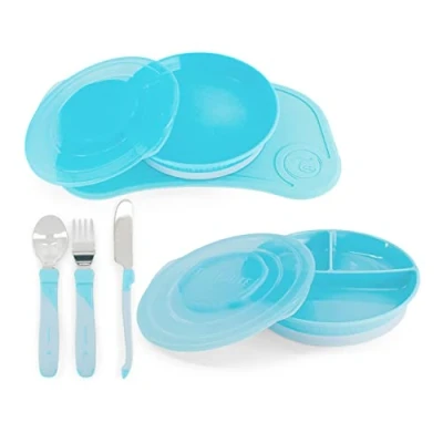 Afbeelding van Twistshake Mealtime Tableware Kinderservies Set, 6 st 1x Placemats 31 x 17 cm, Peuterborden, Babybordjes met Compartimenten, 3x Peuterbesteksets Roestvrijstalen, 6+ Maanden, Jongen