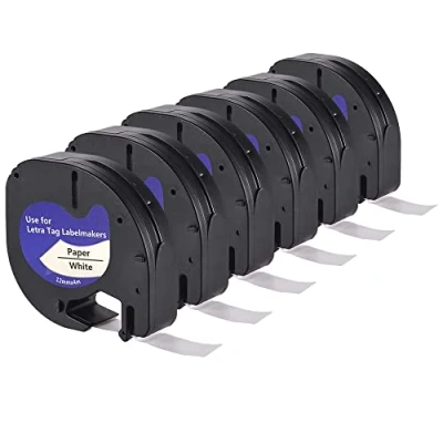 Afbeelding van LEYF 6 stuks labeltape, compatibel met Dymo 91200, 12 mm x 4 labeltape voor LetraTag LT 100H, 100H Plus, 100T, 100T 2000, QX50, XM, XR, waterdicht, zwart op wit