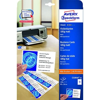 Afbeelding van Avery Zweckform C32010 25 Bedrukbare Visitekaarten 85 X 54 Mm Wit 250 Stuks Papierformaat: Din A4