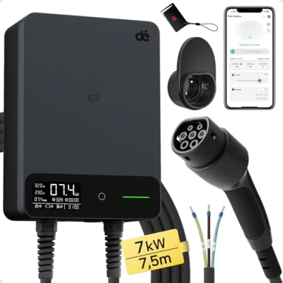 Afbeelding van depow Laadpaal 7,4kW 32A 1 fase Wallbox met APP 5 meter Type 2 vaste kabel EV laadstation Aardlekschakelaar B en IP54 Bescherming voor BEV/PHEV Zwart