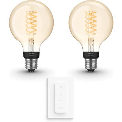 Afbeelding van Philips Hue White Filament Globe E27 Uitbreidingspakket 2 Lampen en Dimmer Switch Warm Wit Licht Dimbaar