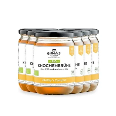 Afbeelding van Grizzly Foods Biologische kippenbottenbouillon (6 x 500 ml) 20 g collageen per glas 72 uur lang gekookt 100% natuurlijk zonder suiker, toevoegingen Waardevolle voedingsstoffen