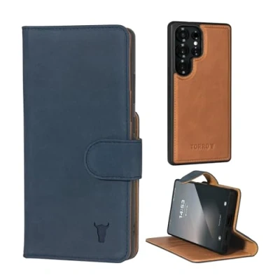 Afbeelding van TORRO nubuck leren hoes compatibel met Samsung Galaxy S25 Ultra 5G 2025 bumperhoes magnetisch afneembare portemonnee cover standaard en kaartsleuven (Nubuckblauw)