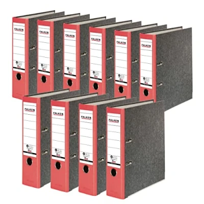 Afbeelding van Origineel Falken 10 stuks Recycling Ordners Wolkenmarmer. Made in Germany. 8 cm breed DIN A4 rood rug ringband map briefomslag kantooromslag kartonnen CO2 neutraal Blauwe Engel