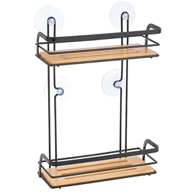 Afbeelding van MSV doucherek 2 laags zwart H37 cm metaal/bamboe luxe Douche en badrekjes