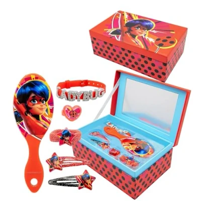 Afbeelding van Joytoy Miraculous sieradendoosje met accessoires: 2 haarspelden, 1 ring, vlechthouder, armband, haarborstel 18 x 11,5 7 cm
