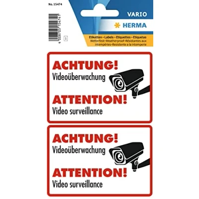 Afbeelding van HERMA 15474 Notitieetiketten met &quot;videobewaking&quot; opdruk, weerbestendig (85 x 55 mm, 1 vel, folie, mat) zelfklevend, permanent hechtende tekstetiketten, 2 etiketten