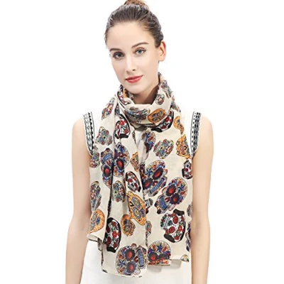 Afbeelding van Lina &amp; Lily Damessjaal stola met schedel dag van de dode, beige